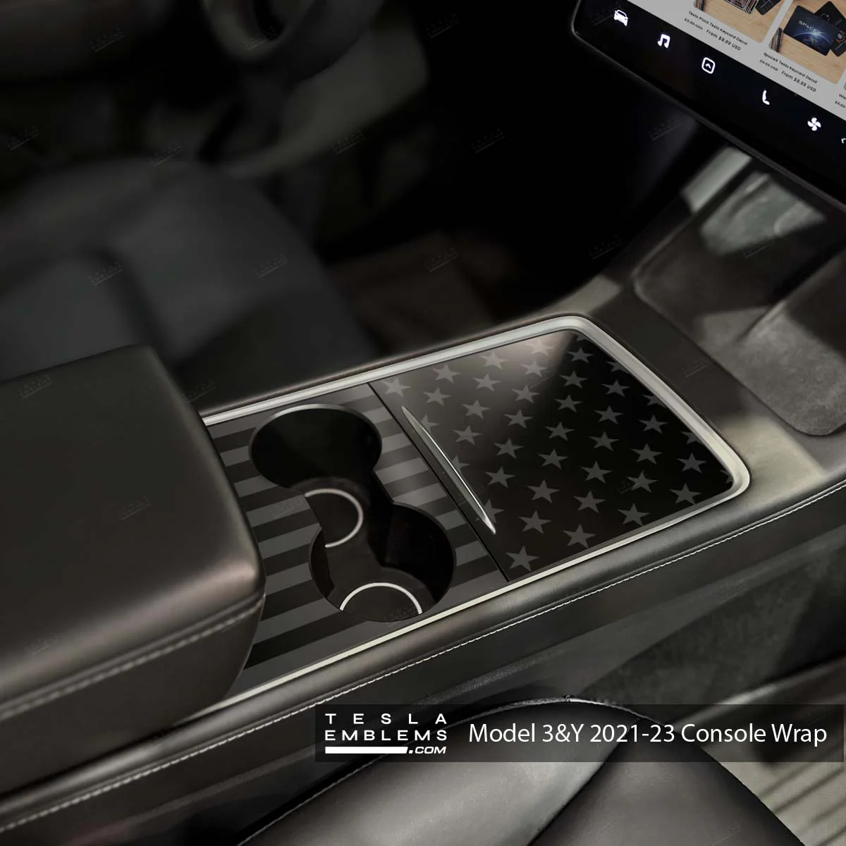 Ghost Black Patriot American Flag | Tesla Center Console Wrap Kit | Model 3 '21-24