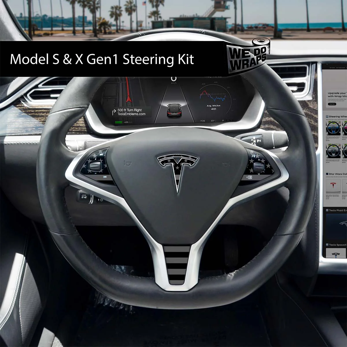 Ghost Black Patriot Flag Tesla Steering Wheel Wrap | Model S