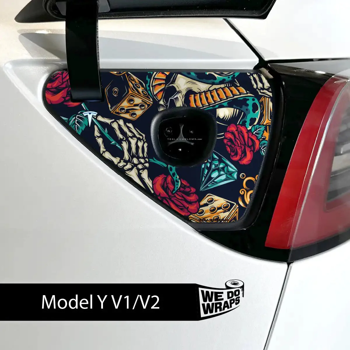 Skull & Rose Tattoo Art Tesla Charge Port Wrap | Model Y - Image 2